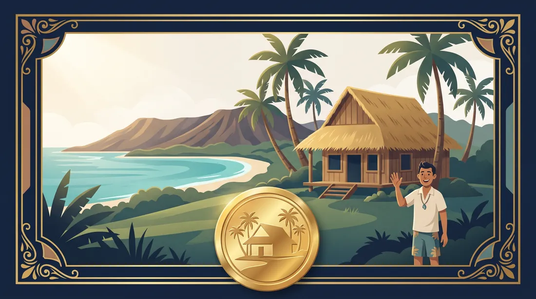 Hawaii's high 2026 BAH rates, shown as a home among palm trees with the ocean and a tall allowance coin