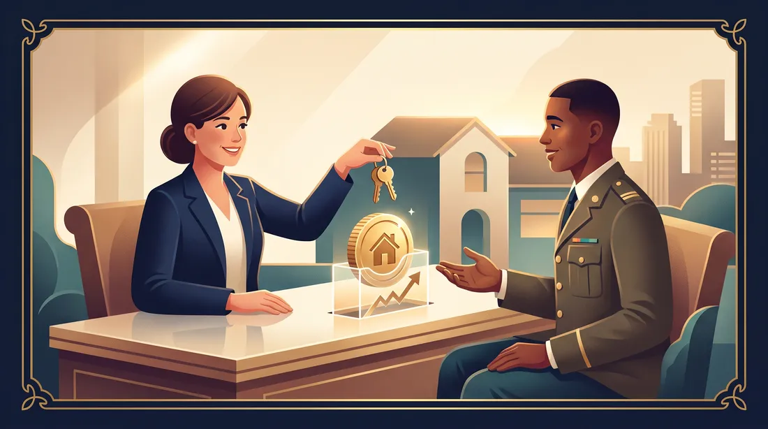 Lenders count BAH as income for a mortgage, shown as a loan officer handing house keys to a service member