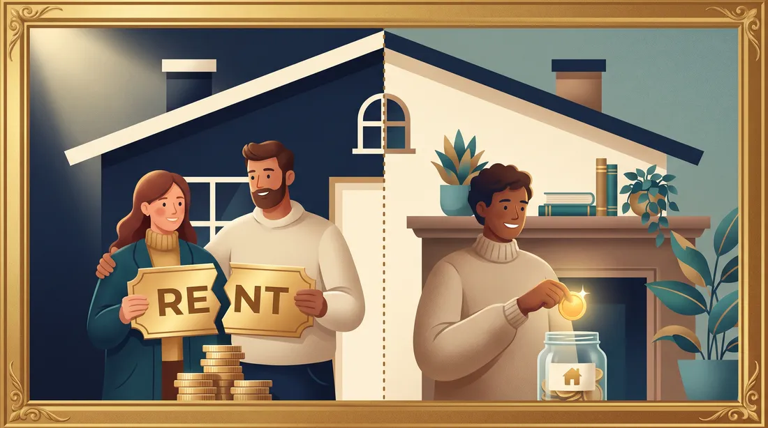 Splitting rent and saving the leftover BAH, shown as rent divided with a coin going into a savings jar