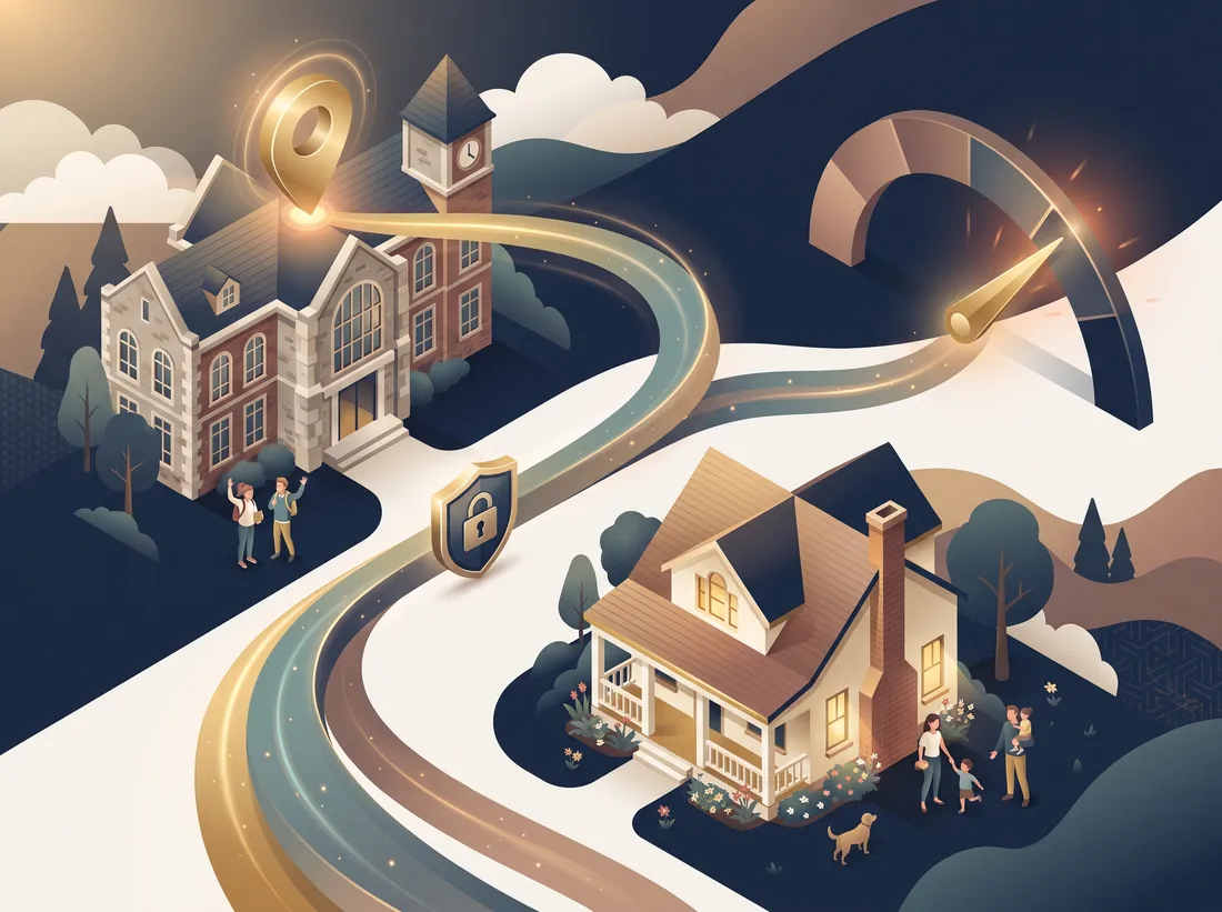 How the GI Bill housing allowance is set by school ZIP code at the E-5 with-dependents rate, shown as a campus pin mapping to a home and a rate gauge