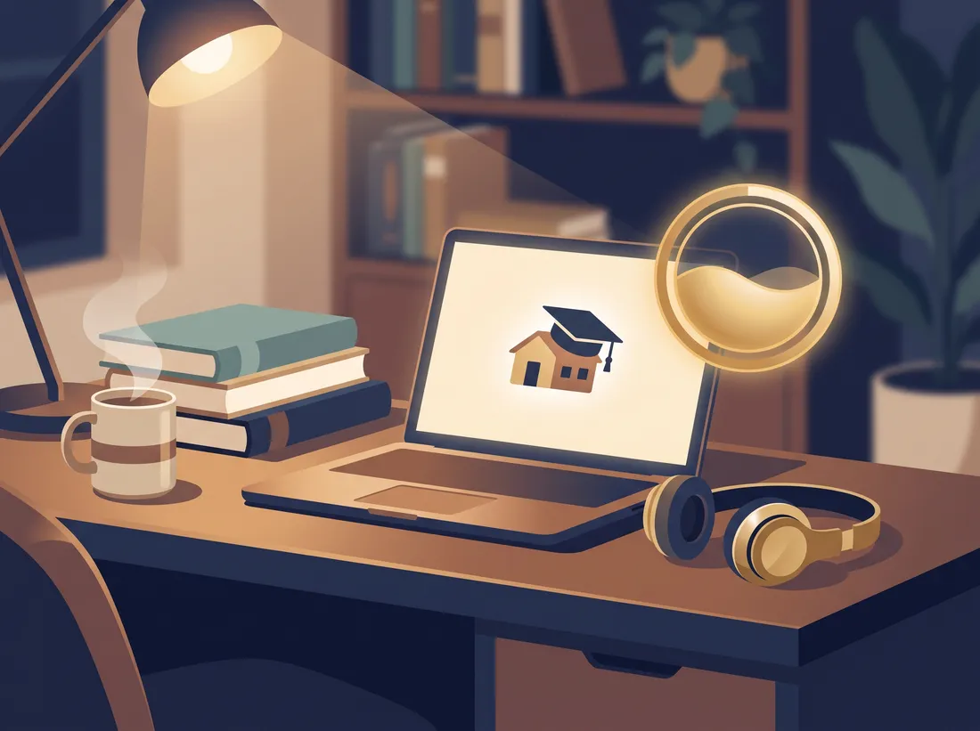 Online-only GI Bill students receive about half the national average housing rate, shown as a laptop study setup with a half-filled allowance meter