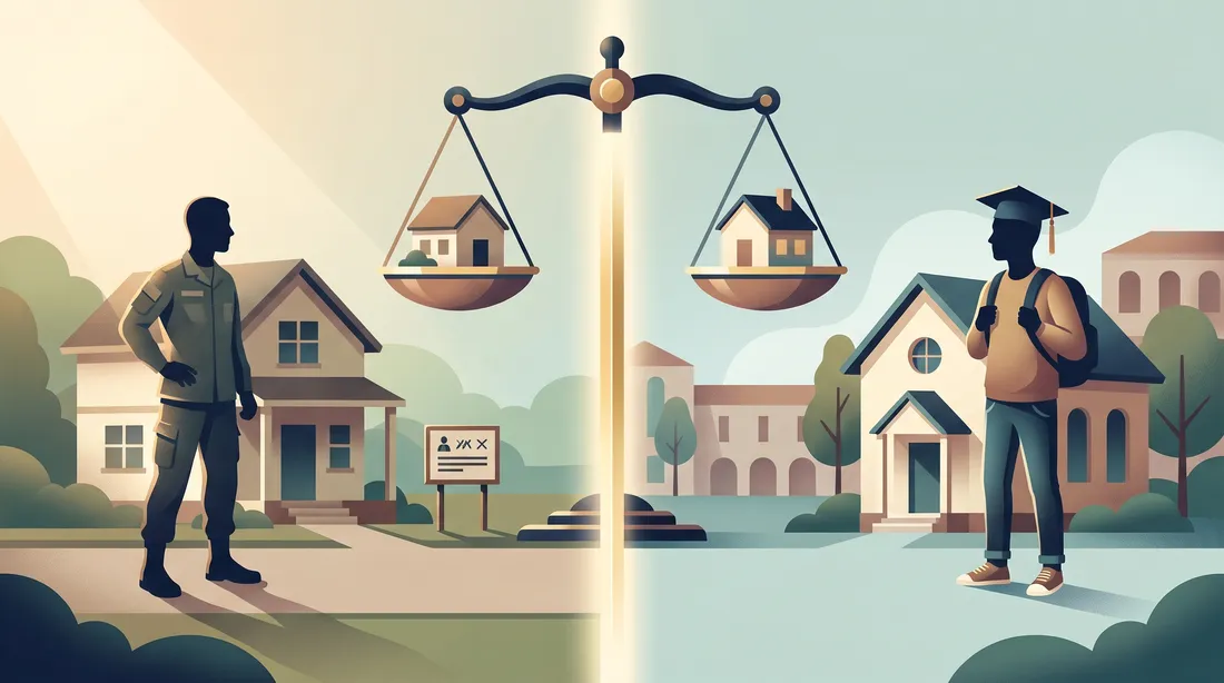 Comparison of GI Bill housing allowance and active-duty BAH, shown as a service member and a student each beside a home on a balance scale