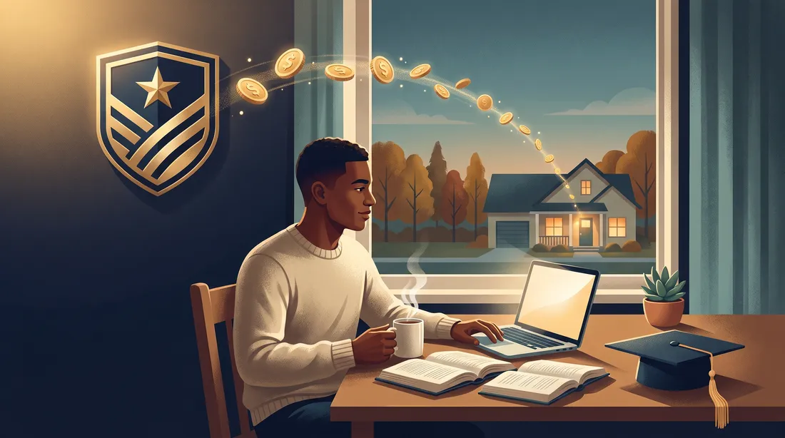 Post-9/11 GI Bill housing allowance for student veterans, illustrated as a student veteran studying with a home and graduation cap