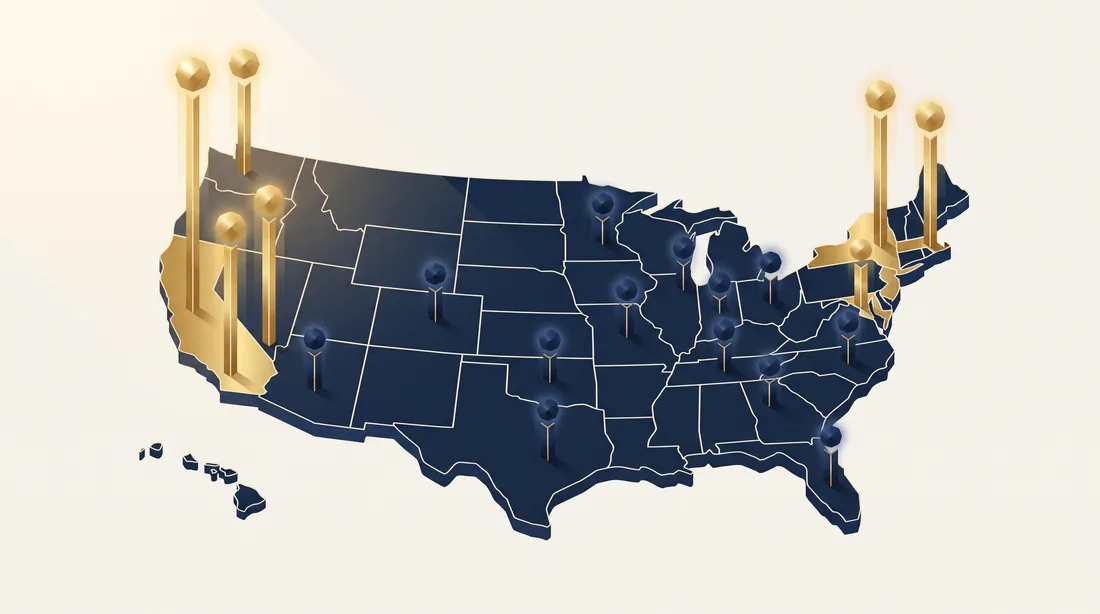 Map of highest and lowest 2026 BAH rate locations in the United States, with tall pins on coastal metros and Hawaii and short pins inland