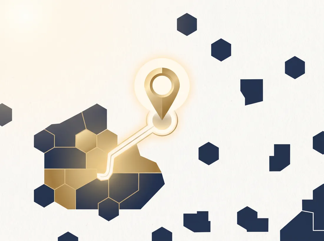 How a duty-station ZIP code maps to a Military Housing Area: one location pin connecting to a cluster of ZIP-code tiles forming one zone